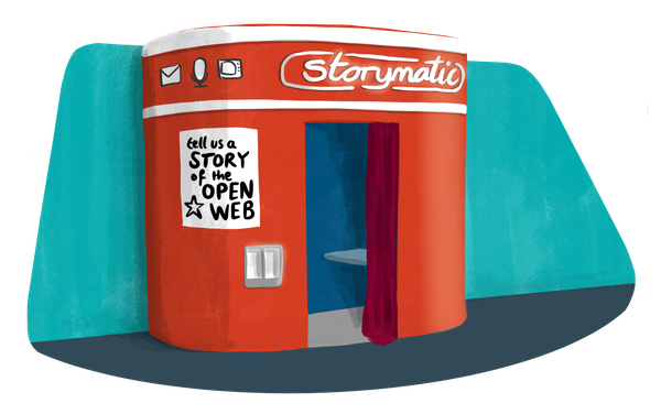 Drawing of a photo booth with the words 'Tell us a story of the open web'