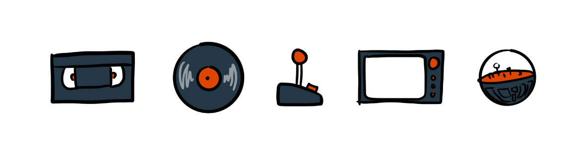 Bryan Mathers' art of a videocassette, a record, an arcade video-game joystick, a TV, and a small bubble with a world inside.