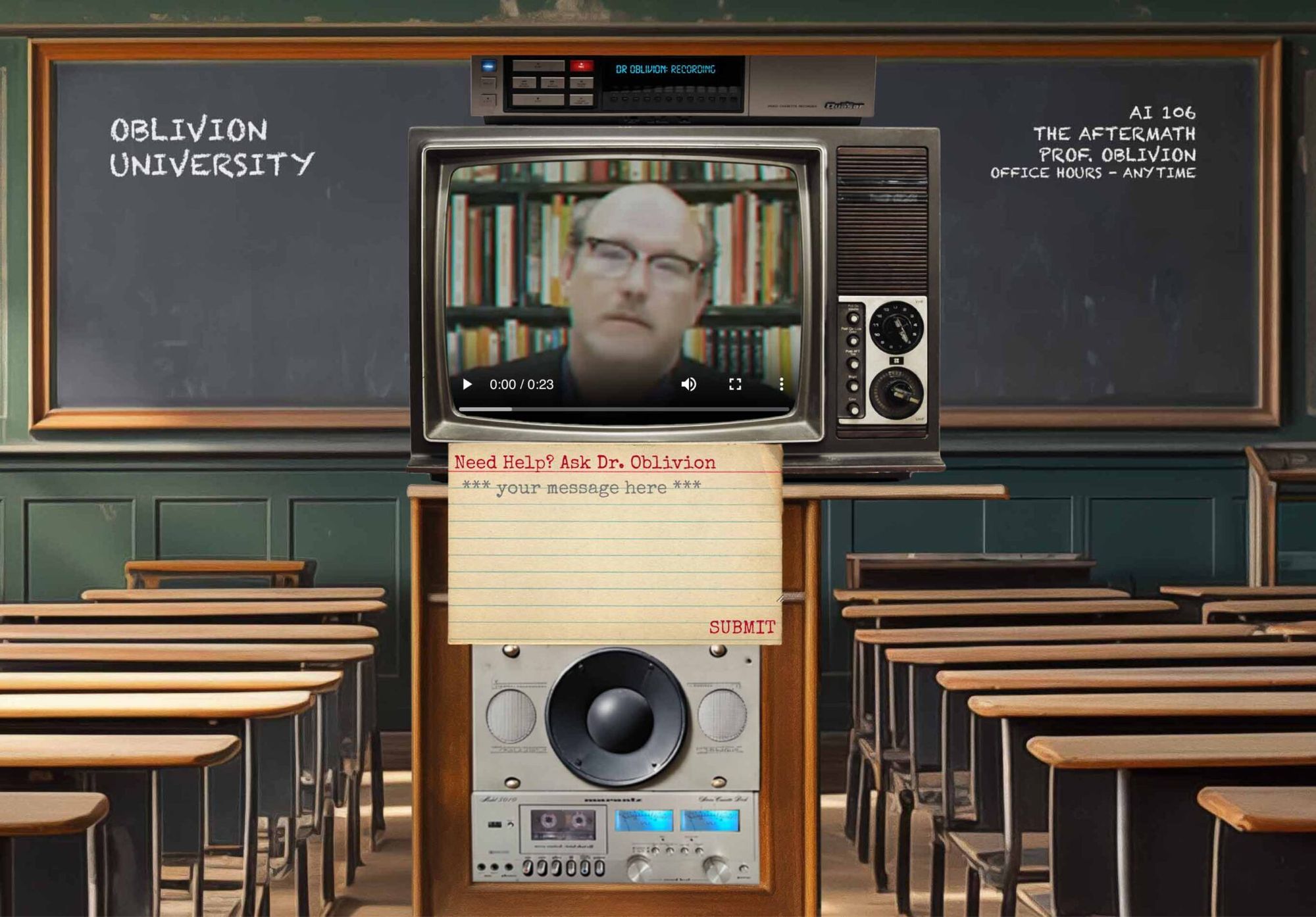 Image of a classroom with a TV and stereo cart with the hed of Dr. Oblivion on the screen. Their is also a card on the TV telling you to type your mesage for help on the card