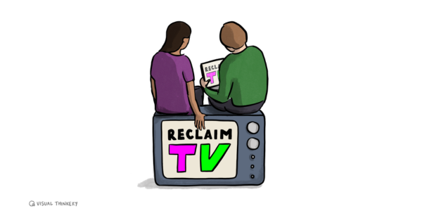 Drawing of people sitting on an old fashioned TV
