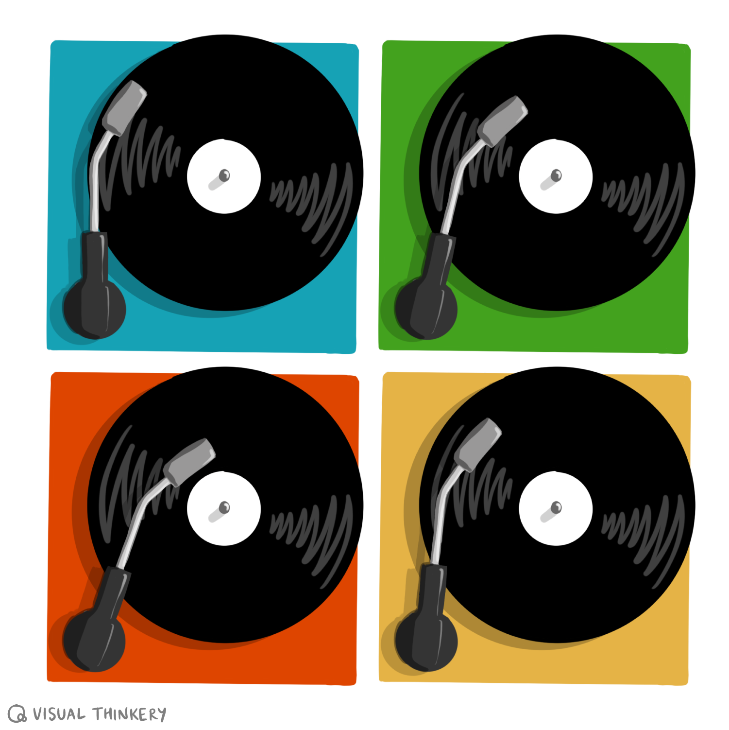 Drawing of different coloured record players with vinyl records