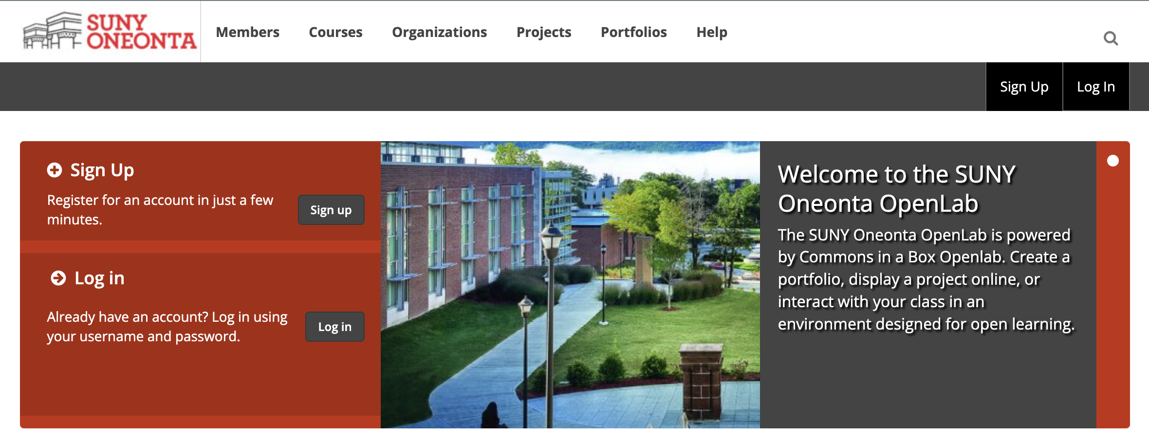 Screenshot of the SUNY ONEONTA OpenLab landing page