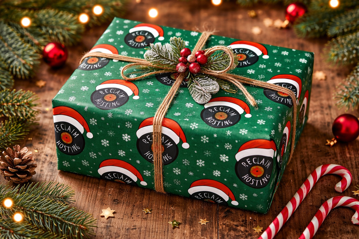 Christmas package with candy canes and bow, wrapped in Reclaim Hosting holiday wrapping paper.