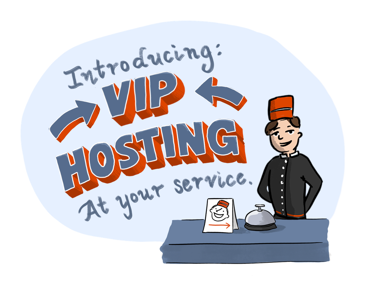 Concierge standing at a desk with the text Introducing VIP Hosting behind him.