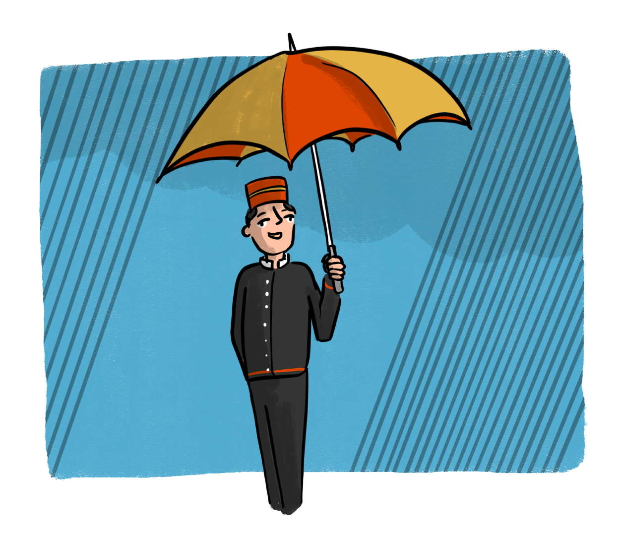 Illustration: A male figure holding an umbrella in pouring rain. 