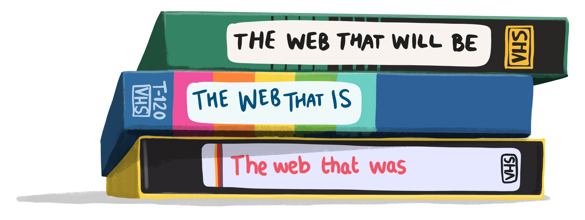 Three VHS tapes stacked. Each one is labelled. Top to bottom: "the web that will be", "the web that is", "the web that was".