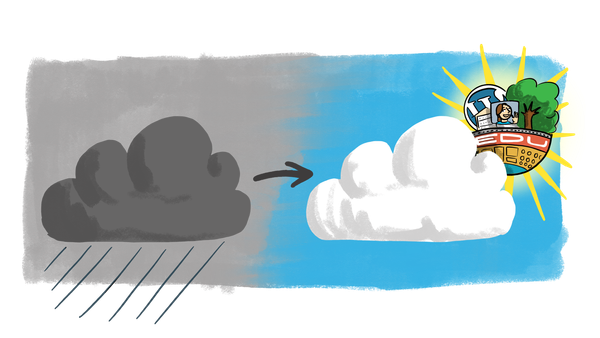 A grey raincloud transitions to a blue sky, with a futuristic floating island labeled EDU in place of the sun.