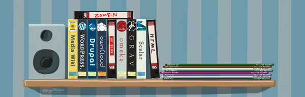 Illustration of a a shelf of videos and vinyl records featuring Open education tools