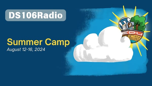 Summer camp logo featuring a sun and cloud on a blue sky