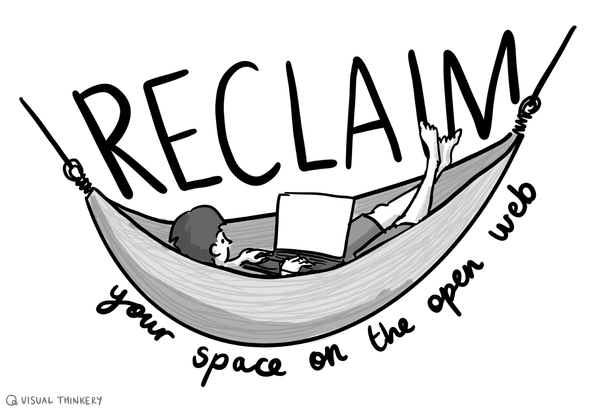 Drawing of a person blogging in a hammock with the caption "Reclaim your space on the open web"