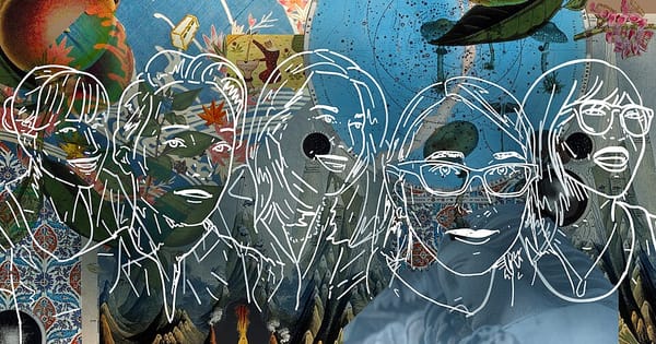 Image with a mixed media background and line drawings of 5 women's faces overtop of the background.
